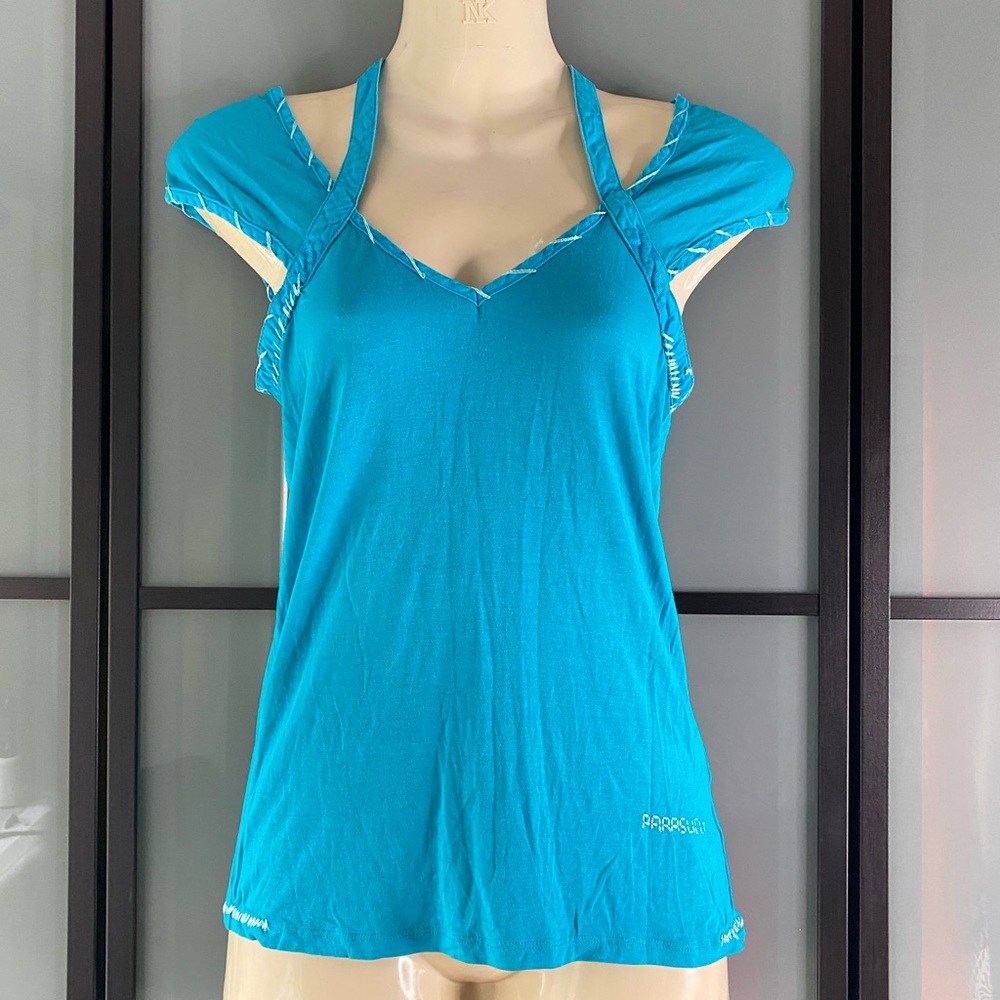 Parasuco turquoise v-neck top t-shirt with design - Picture 2 of 8